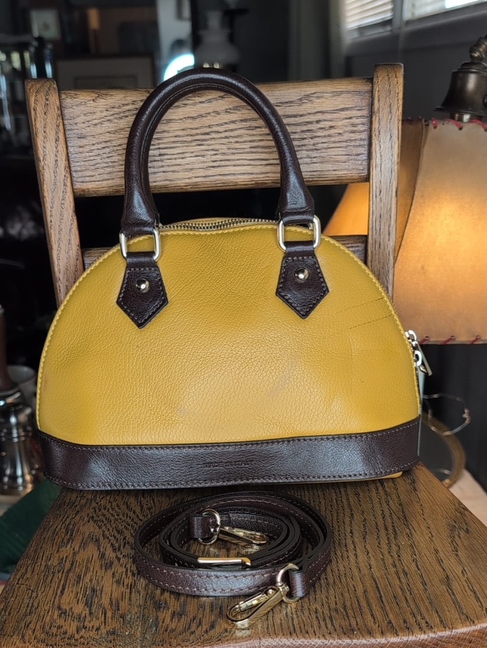 Mustard Yellow and Dark Brown Dome Satchel with Removable Strap